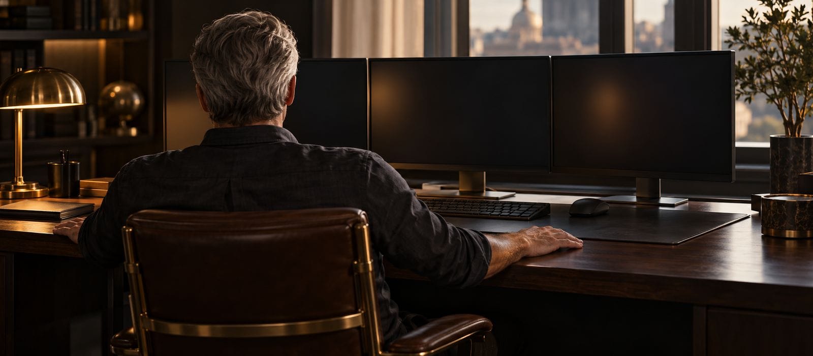 A trader seen from behind with both hands resting on a dark desk beside a lamp.