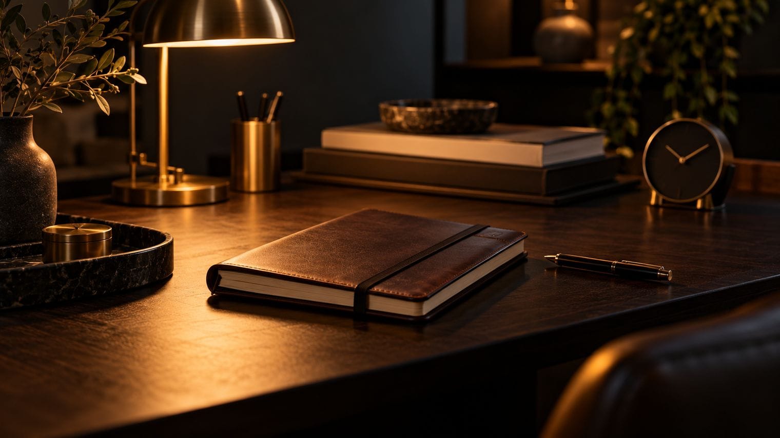 A leather notebook held closed by an elastic band on a dark desk.