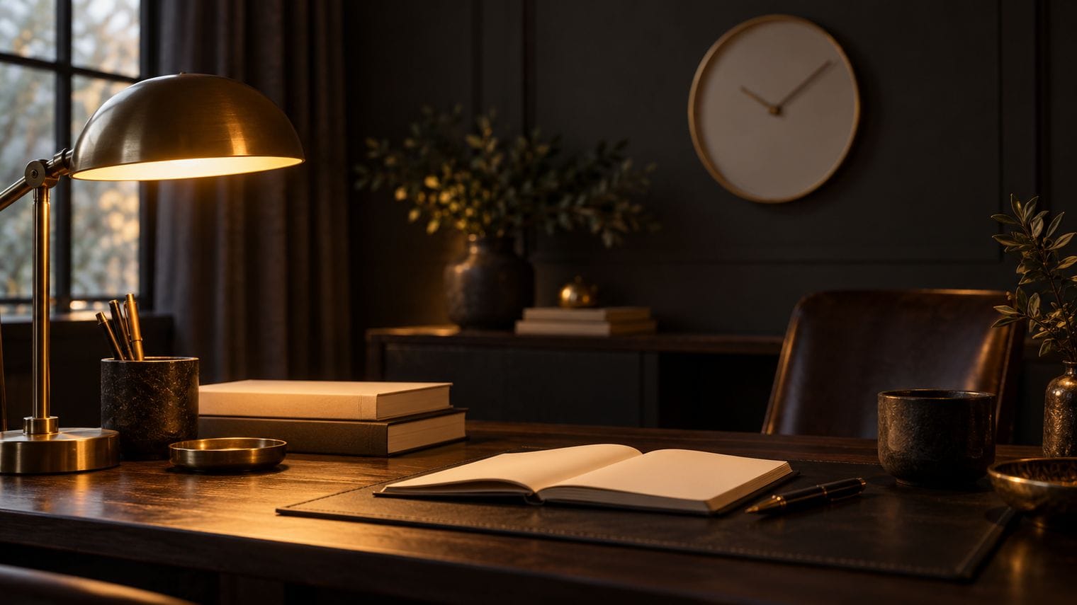 A wall clock in soft focus above a dark wooden desk.