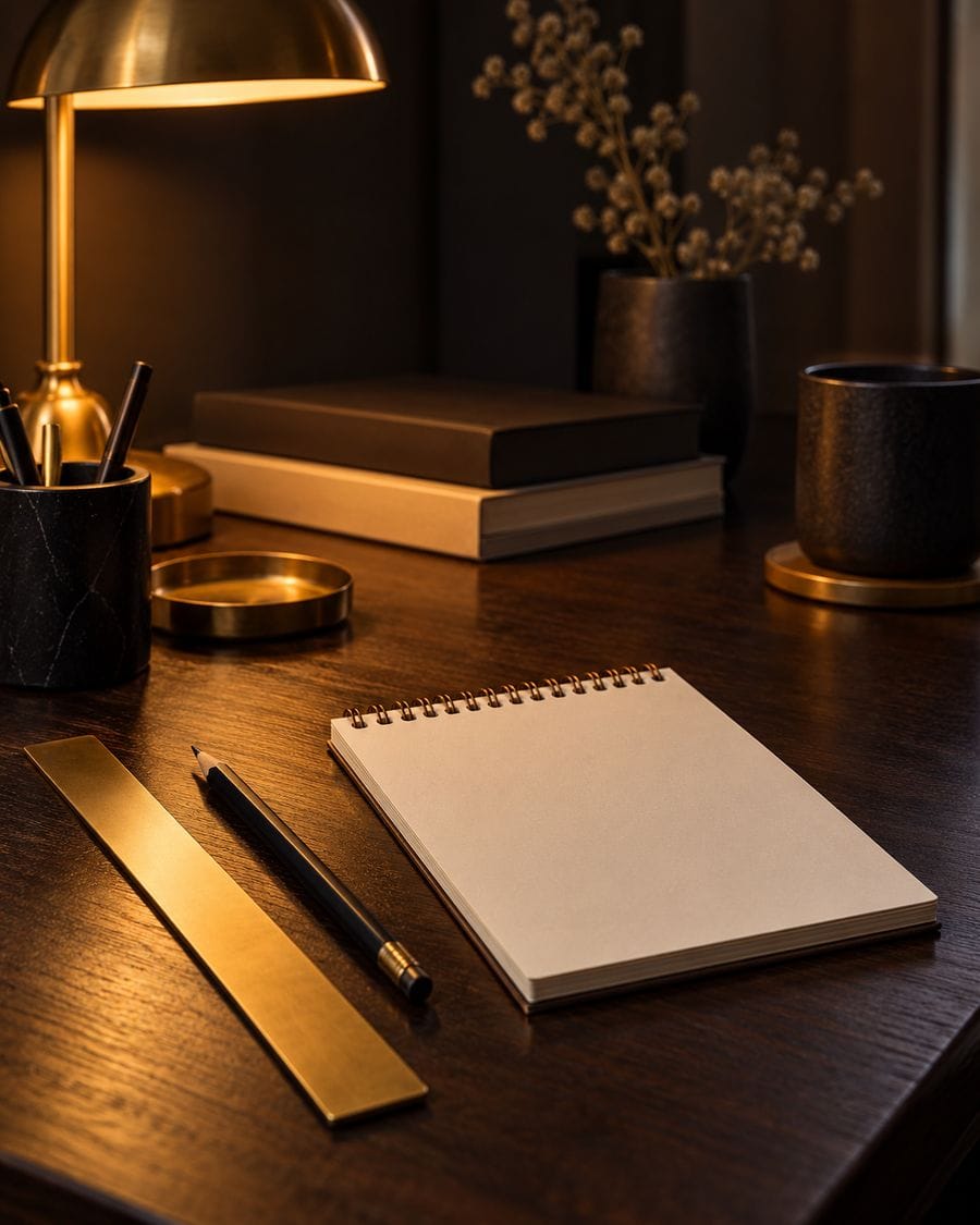 A brass ruler and pencil beside a small notepad on a dark wooden desk.