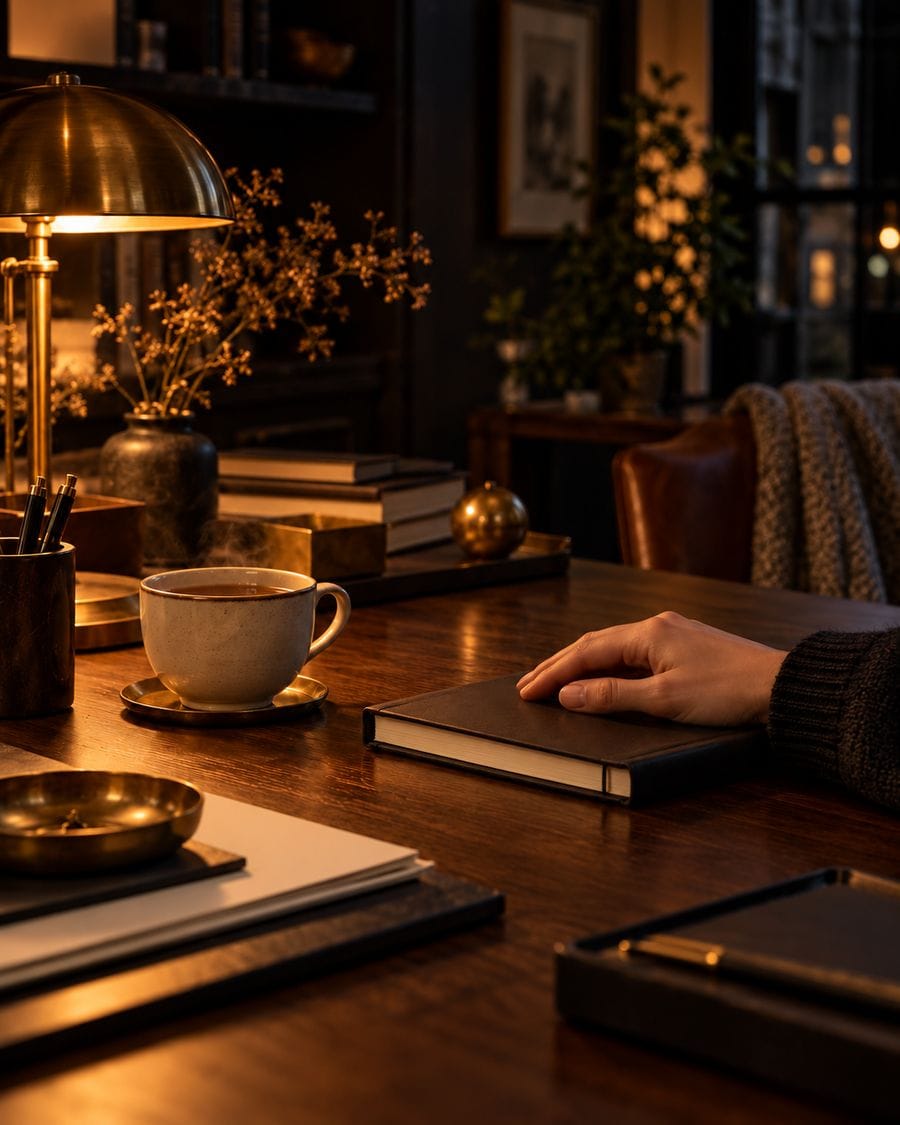 A hand rests on a closed notebook beside cooling tea under an amber evening lamp.