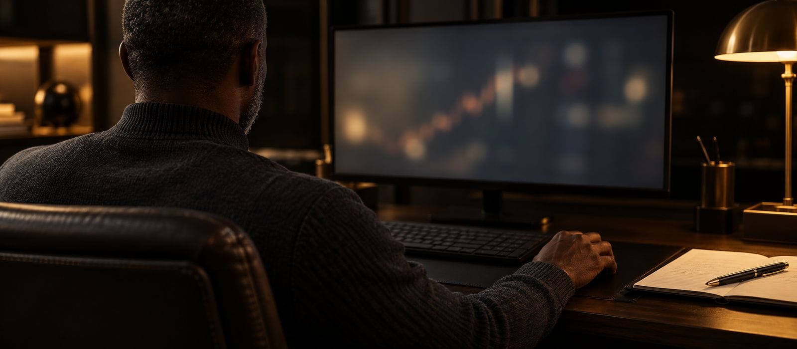 A trader seen from behind at a dark desk, one hand on a mouse beside a notebook.