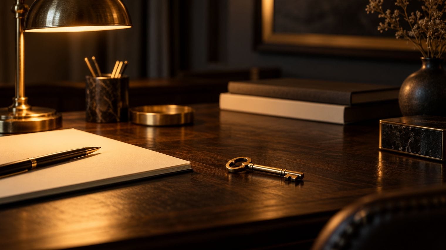 A single brass key resting on dark walnut in warm lamp light.