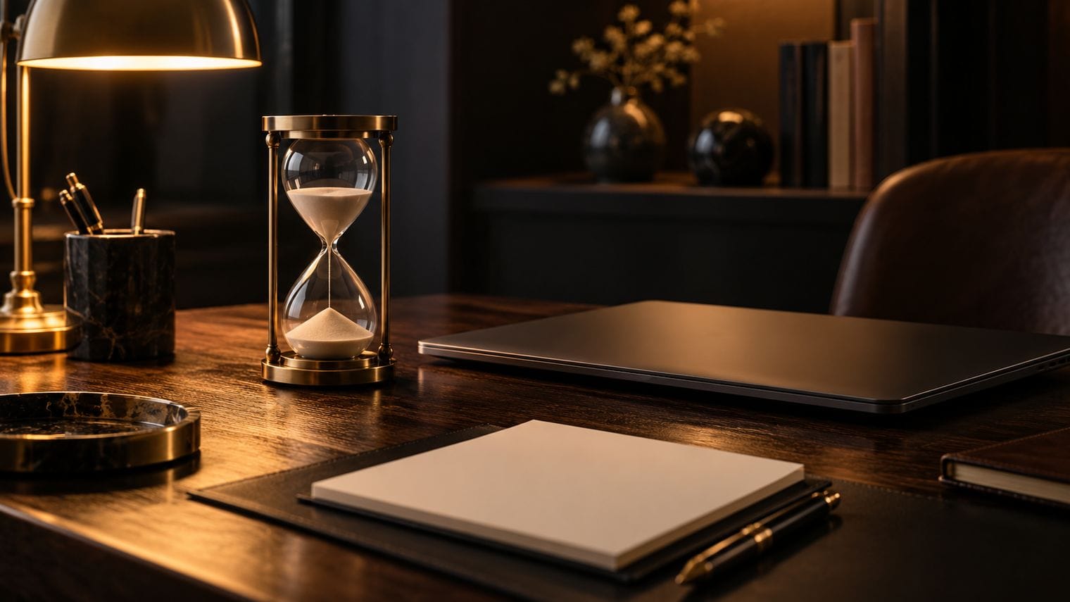 An hourglass beside a closed laptop on a dark desk.
