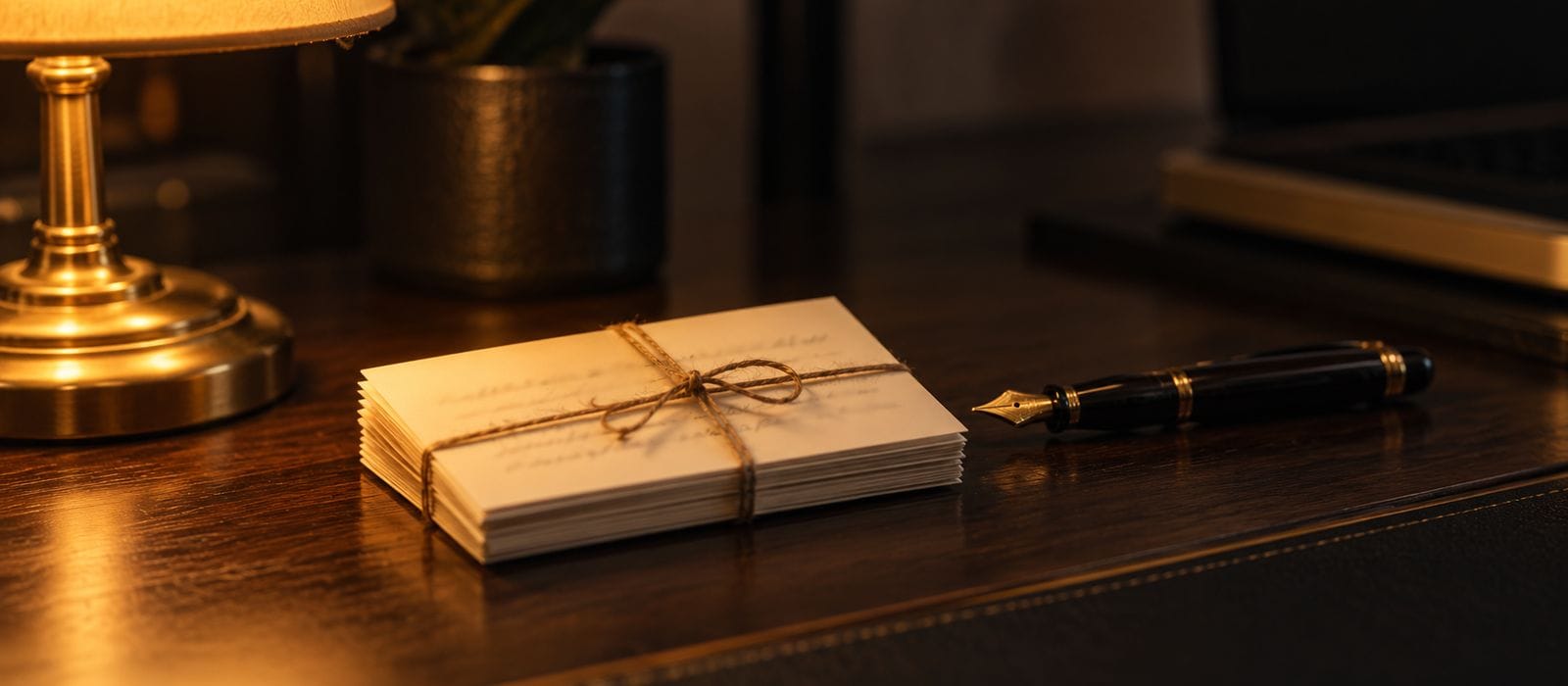 Cream index cards tied with string beside a fountain pen and brass lamp