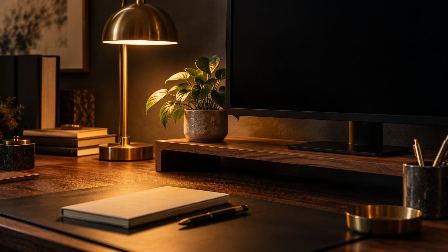 A small potted plant beside a monitor stand in charcoal shadow