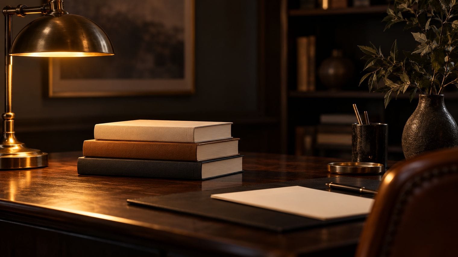 Three closed books stacked neatly on a dark wooden desk