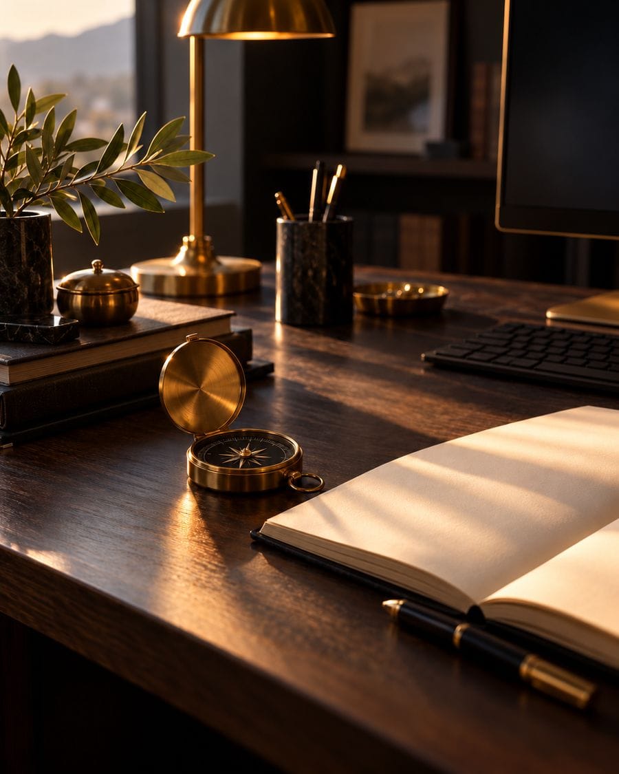 A brass compass and notebook on a dark desk crossed by morning light.