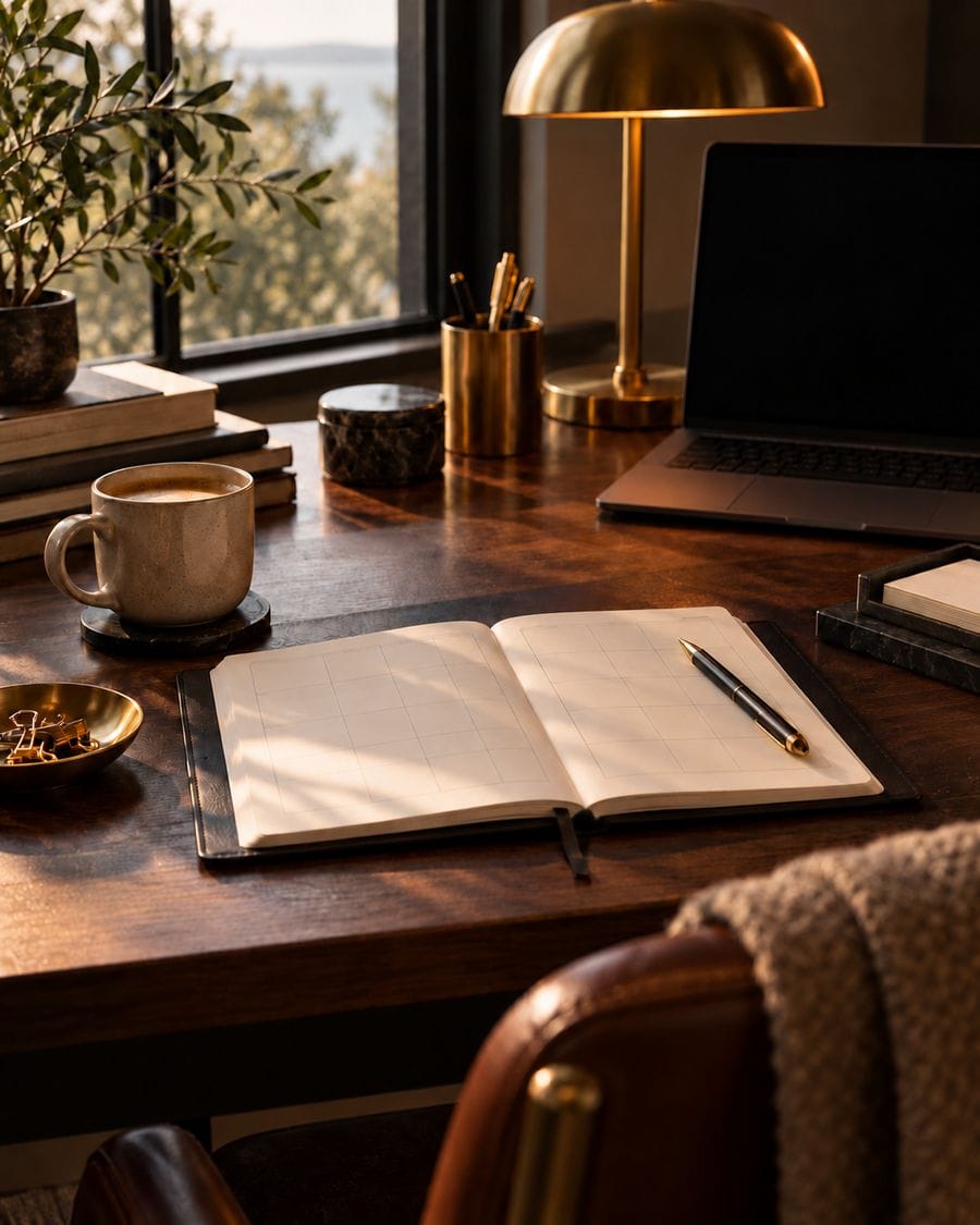 An open weekly planner and coffee beside a window in soft Saturday morning light.