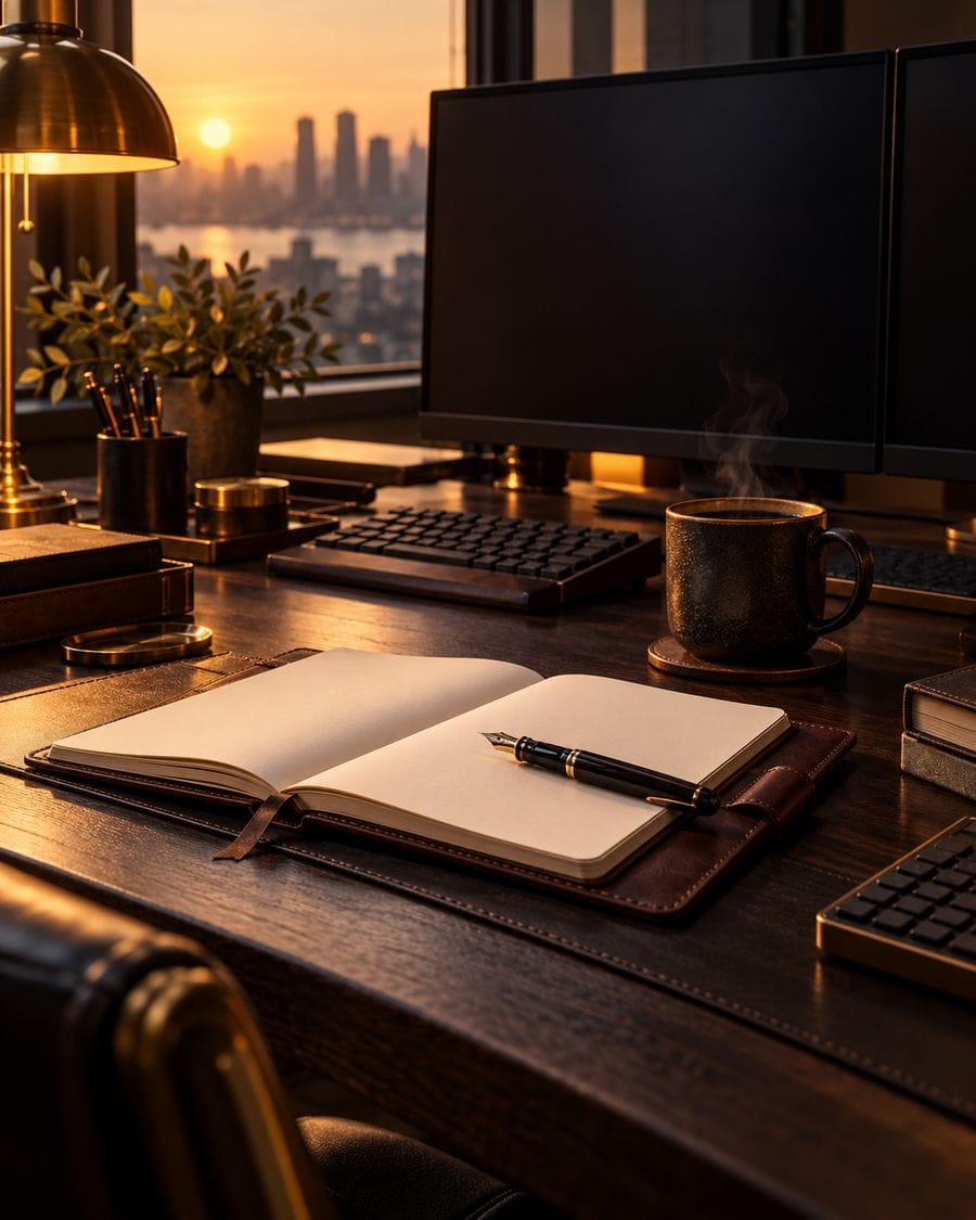 An open leather notebook and fountain pen beside steaming coffee on a dark desk at dawn.