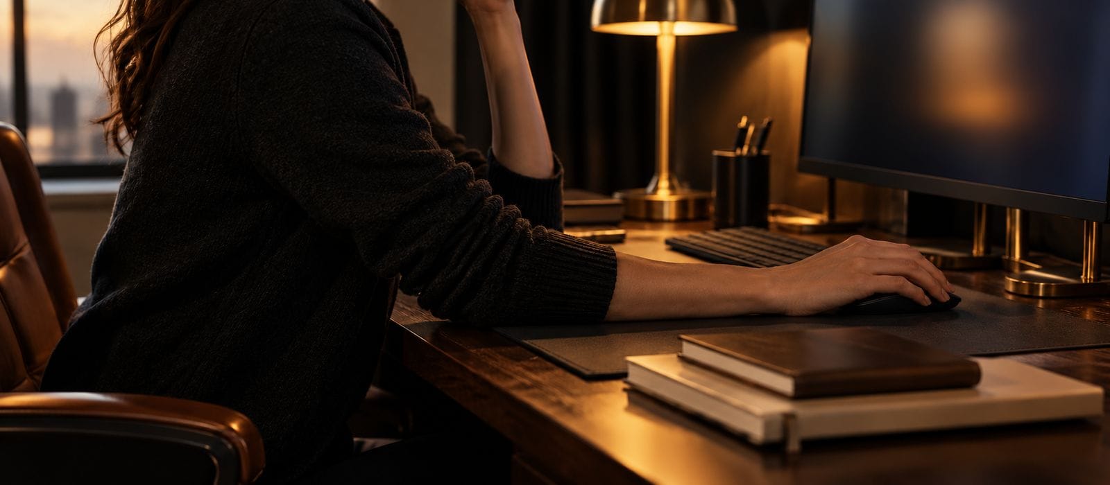A trader with their face out of frame beside stacked notebooks and a softly glowing monitor.