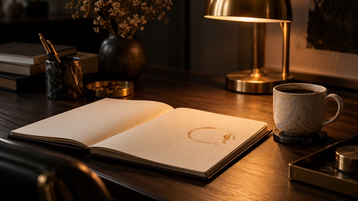 A coffee ring on cream paper in soft amber desk light.