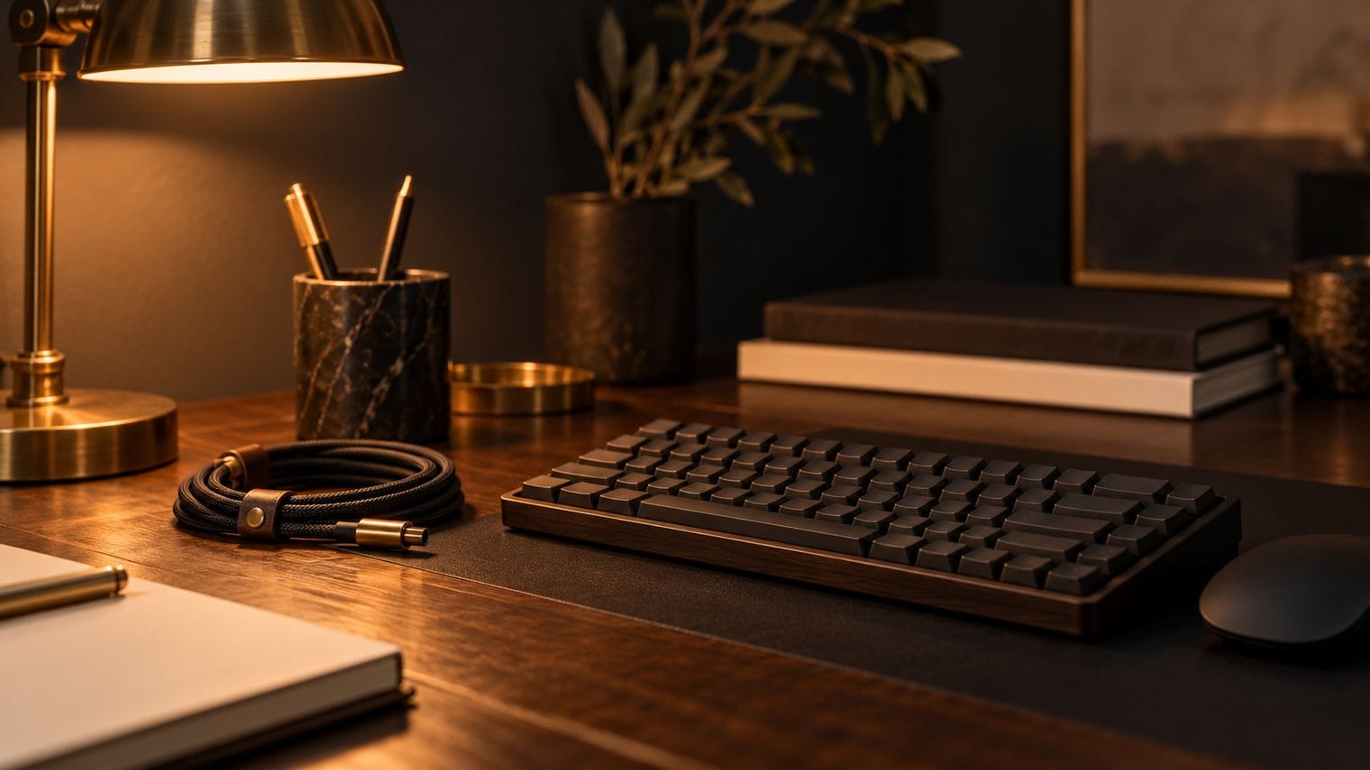 A neatly coiled cable beside a keyboard on a dark desk.