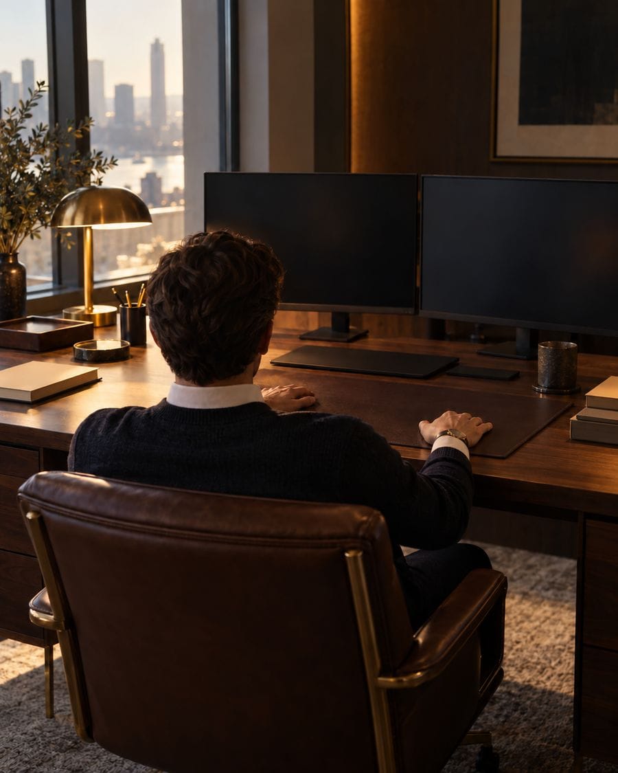 A trader seen from behind with both hands resting on a dark desk beside a lamp.