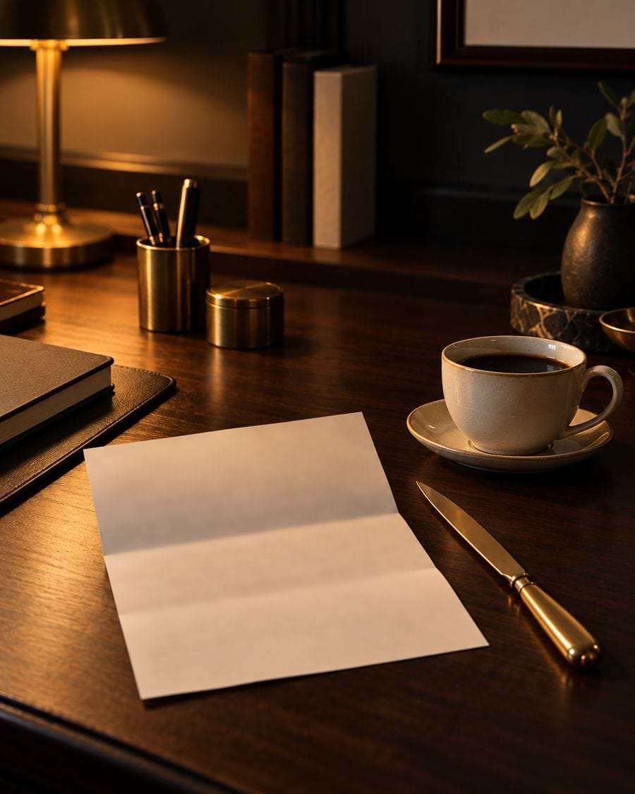 A folded statement, brass letter opener and black coffee on a walnut desk.