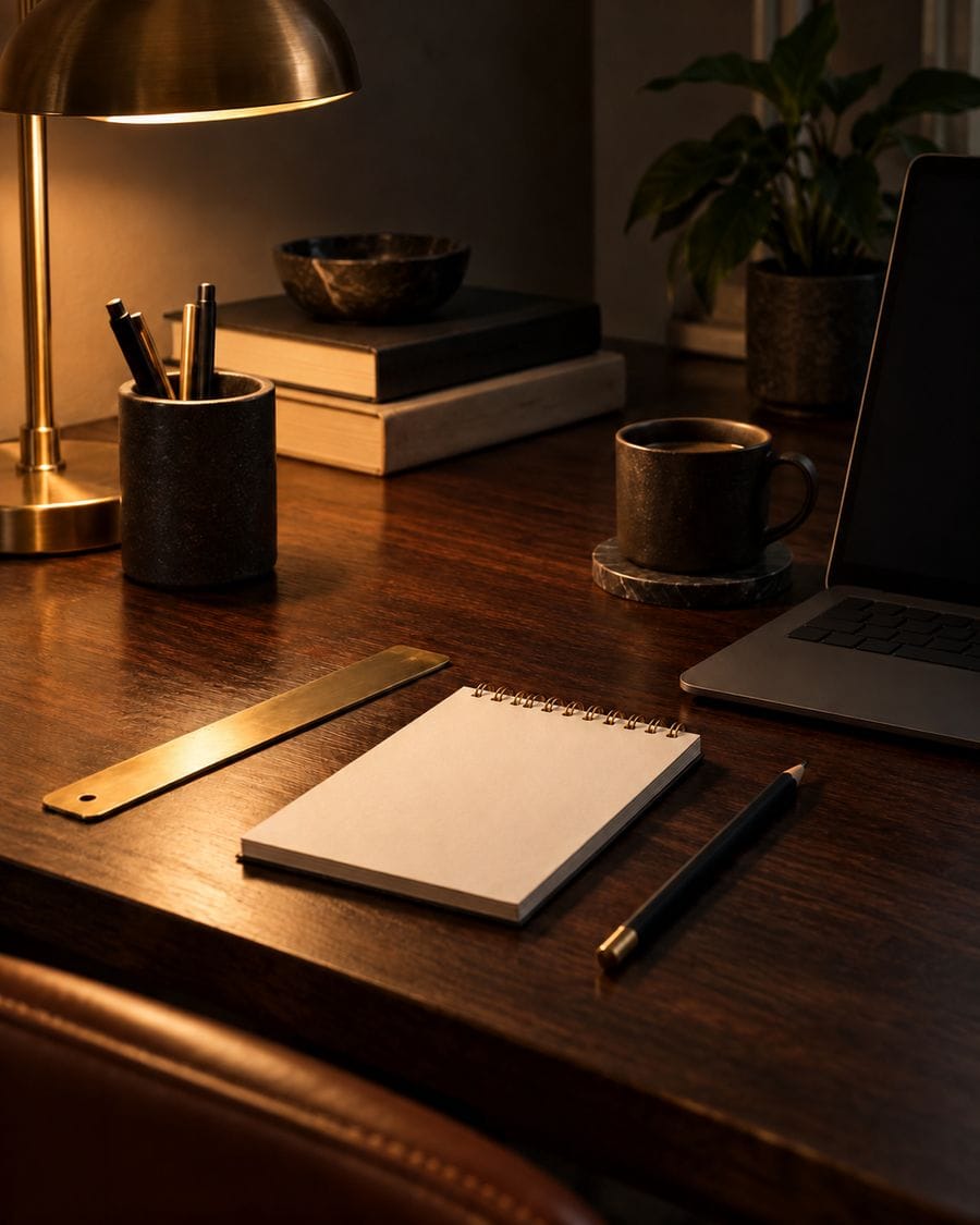 A brass ruler and pencil beside a small notepad on a dark wooden desk.