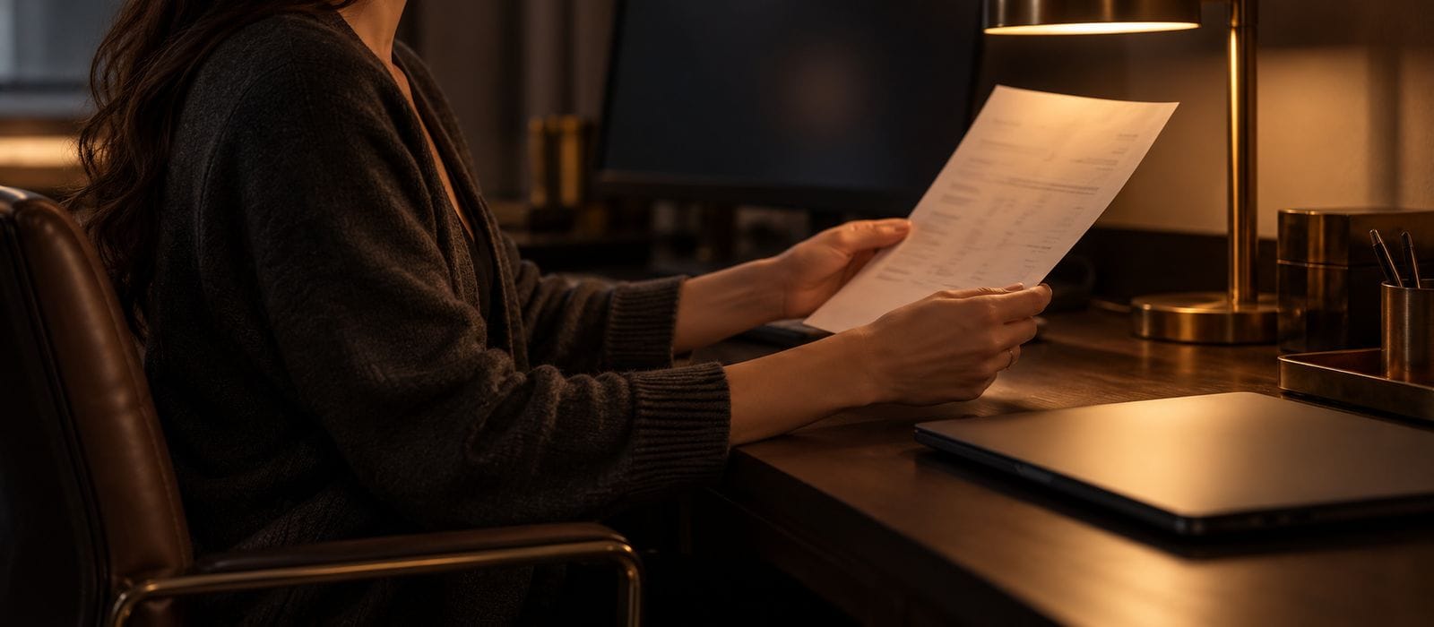A trader seen from behind holding an unreadable printed statement toward a lamp beside a closed laptop