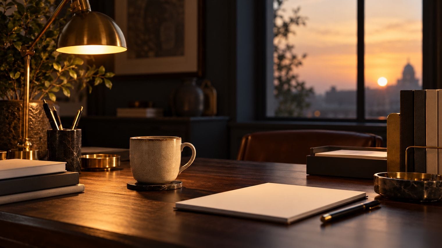 An empty mug on a dark desk in early morning light