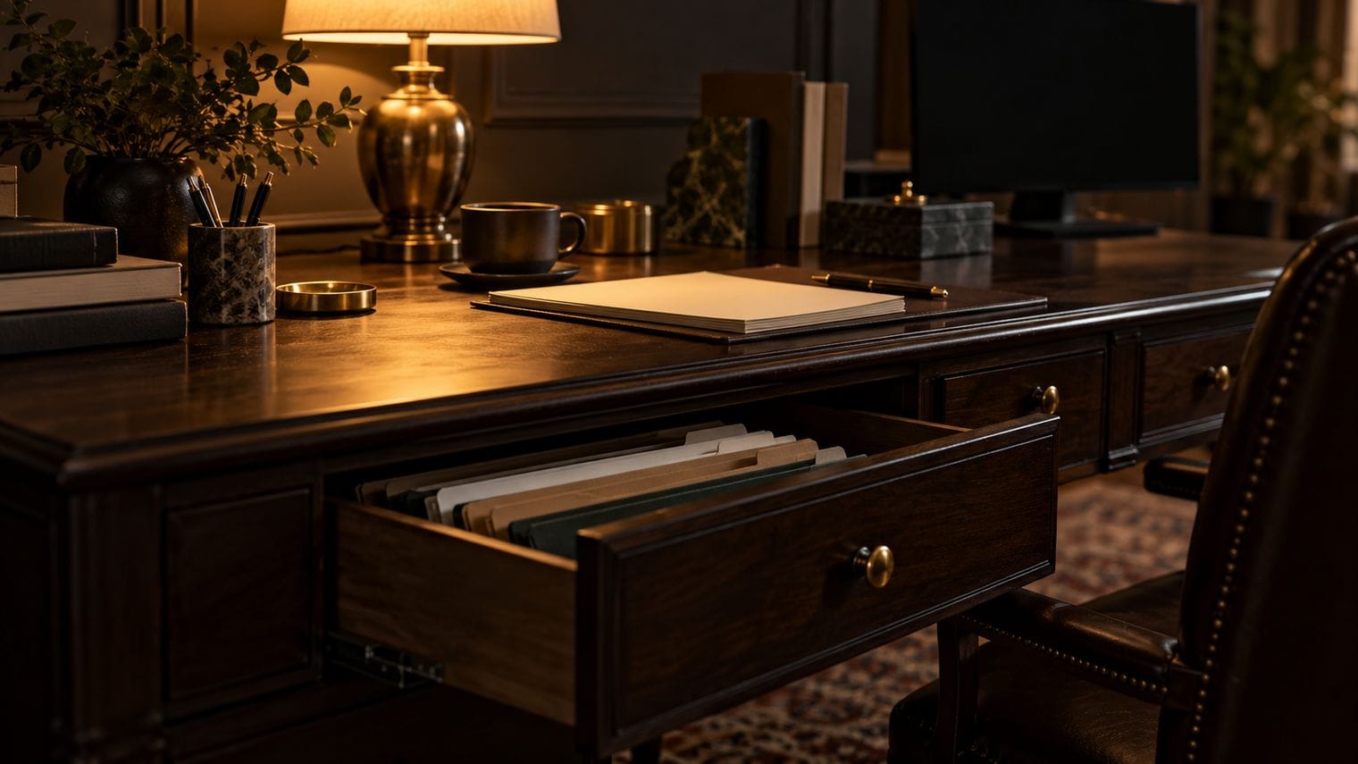 A desk drawer partly open with neatly arranged folders in warm lamplight