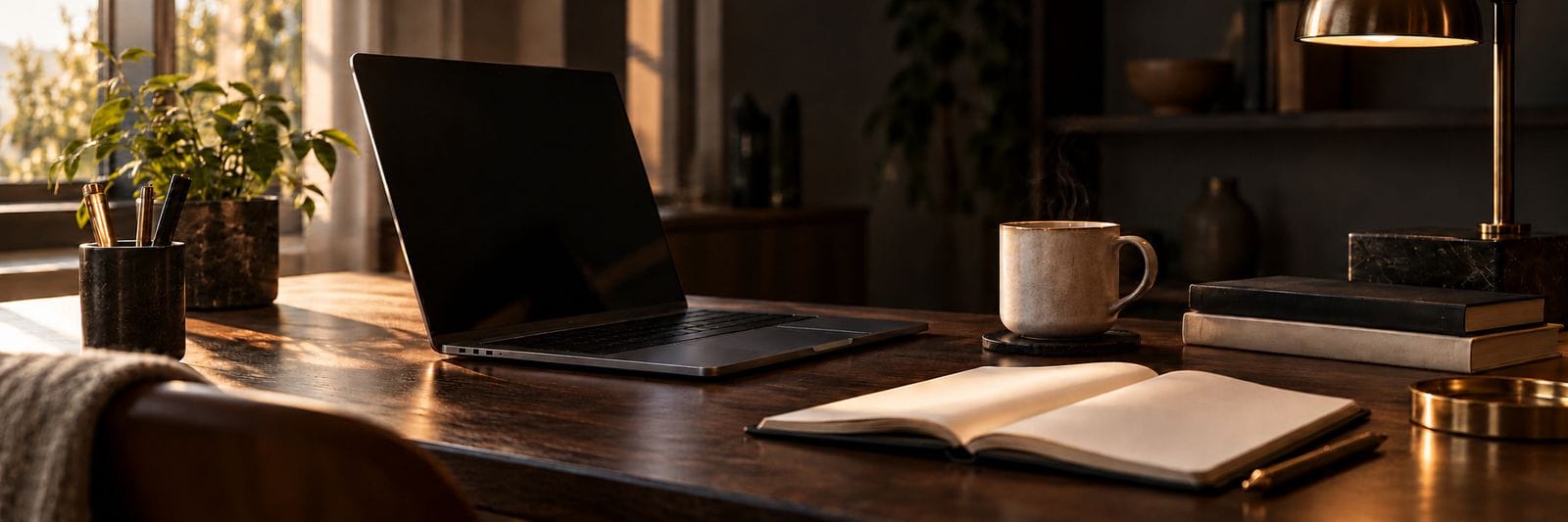 A laptop and notebook beside a mug in warm morning light.