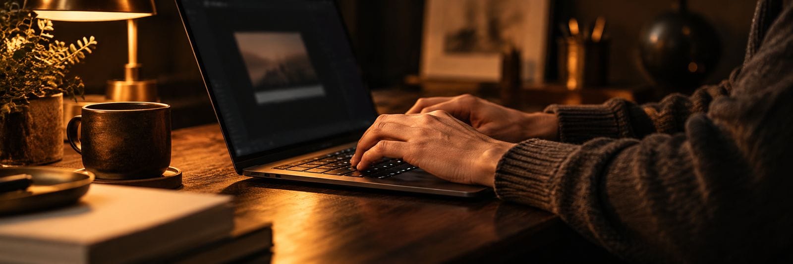 Hands at a keyboard in warm light beside a softly blurred screen
