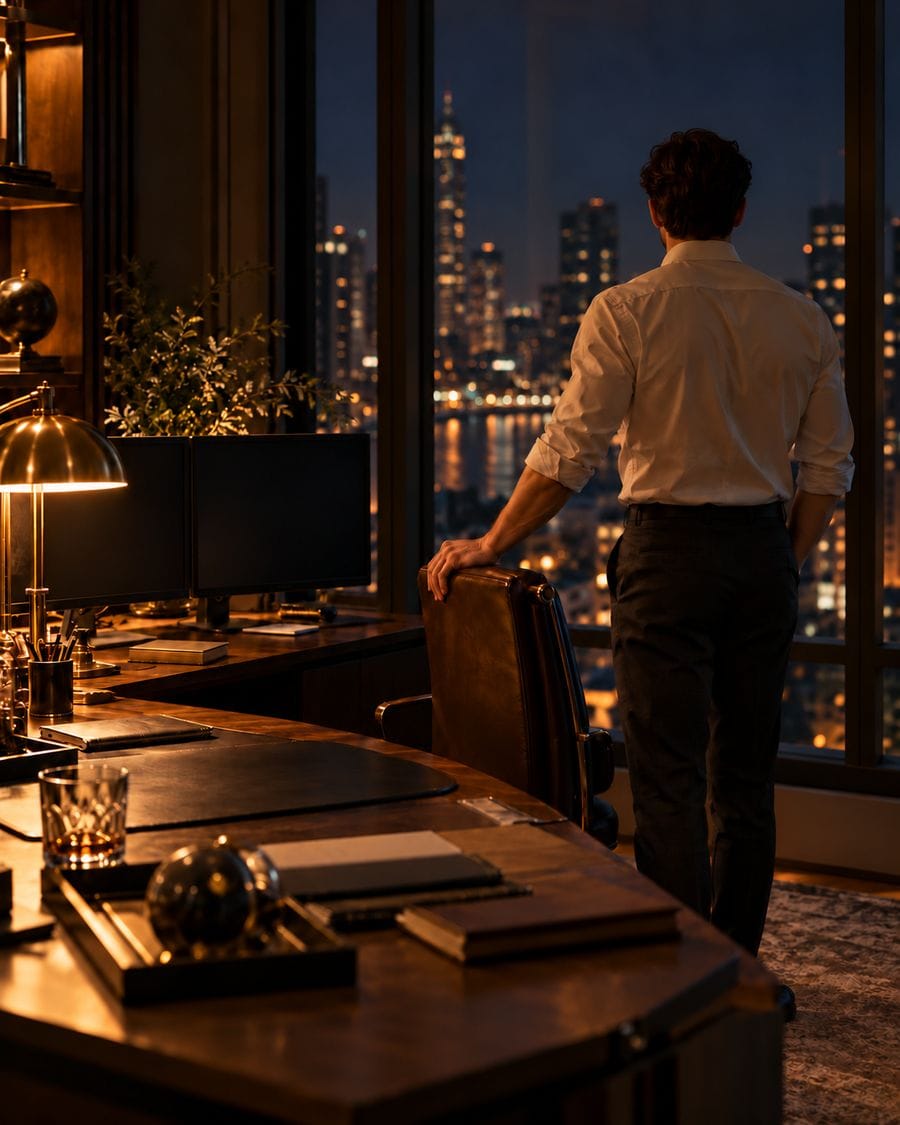 A trader turned away at a dark window with one hand on a chair beside a lamp-lit desk.