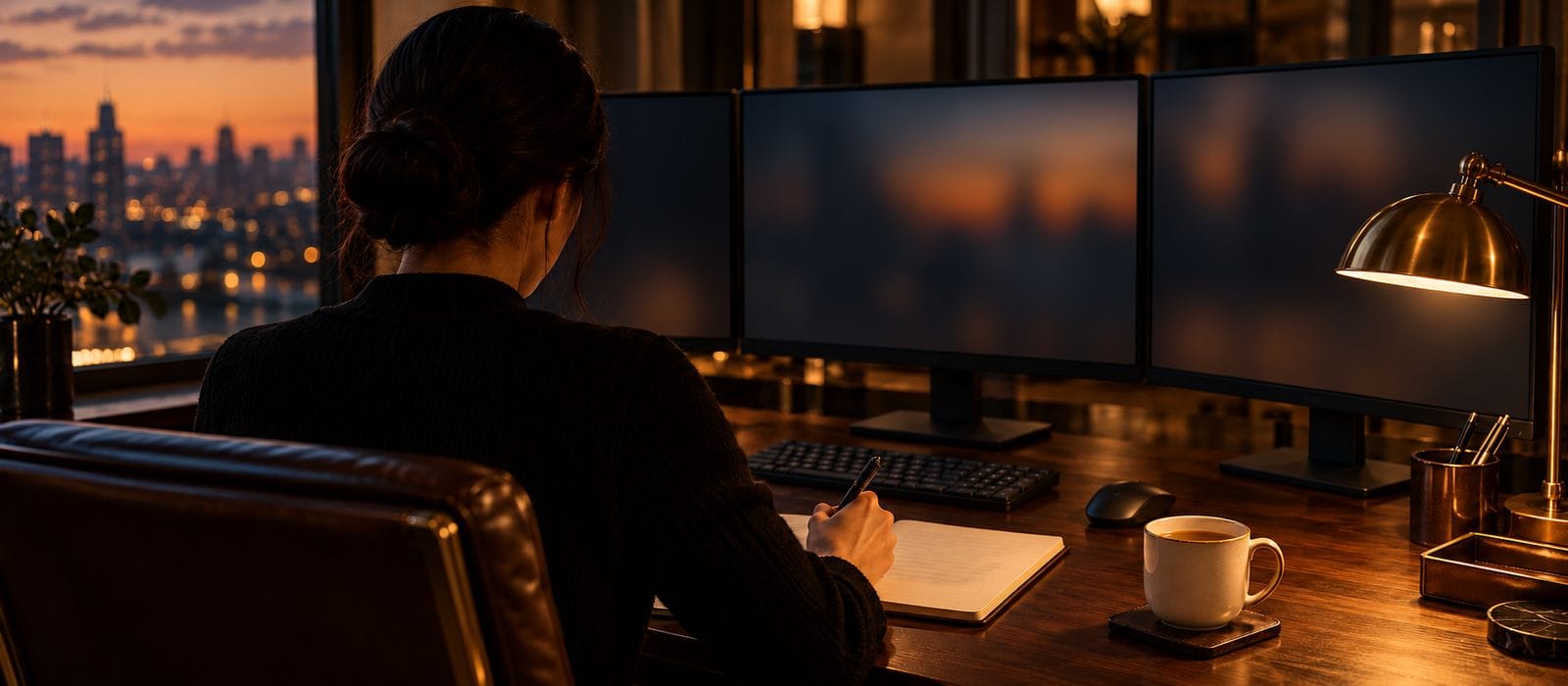 A trader seen from behind writing under a brass lamp with dark monitors ahead.