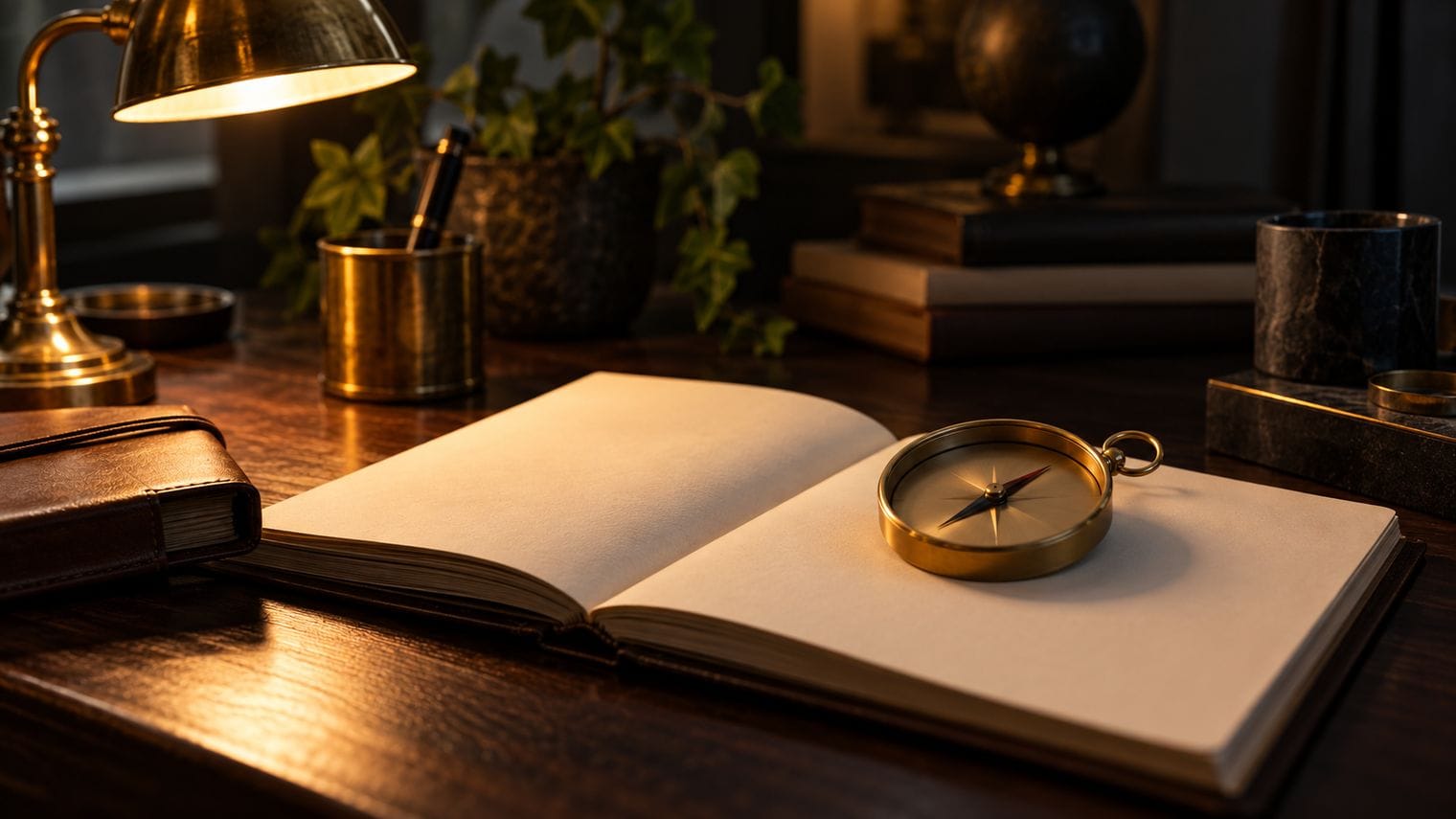 A brass compass resting on a plain cream page.