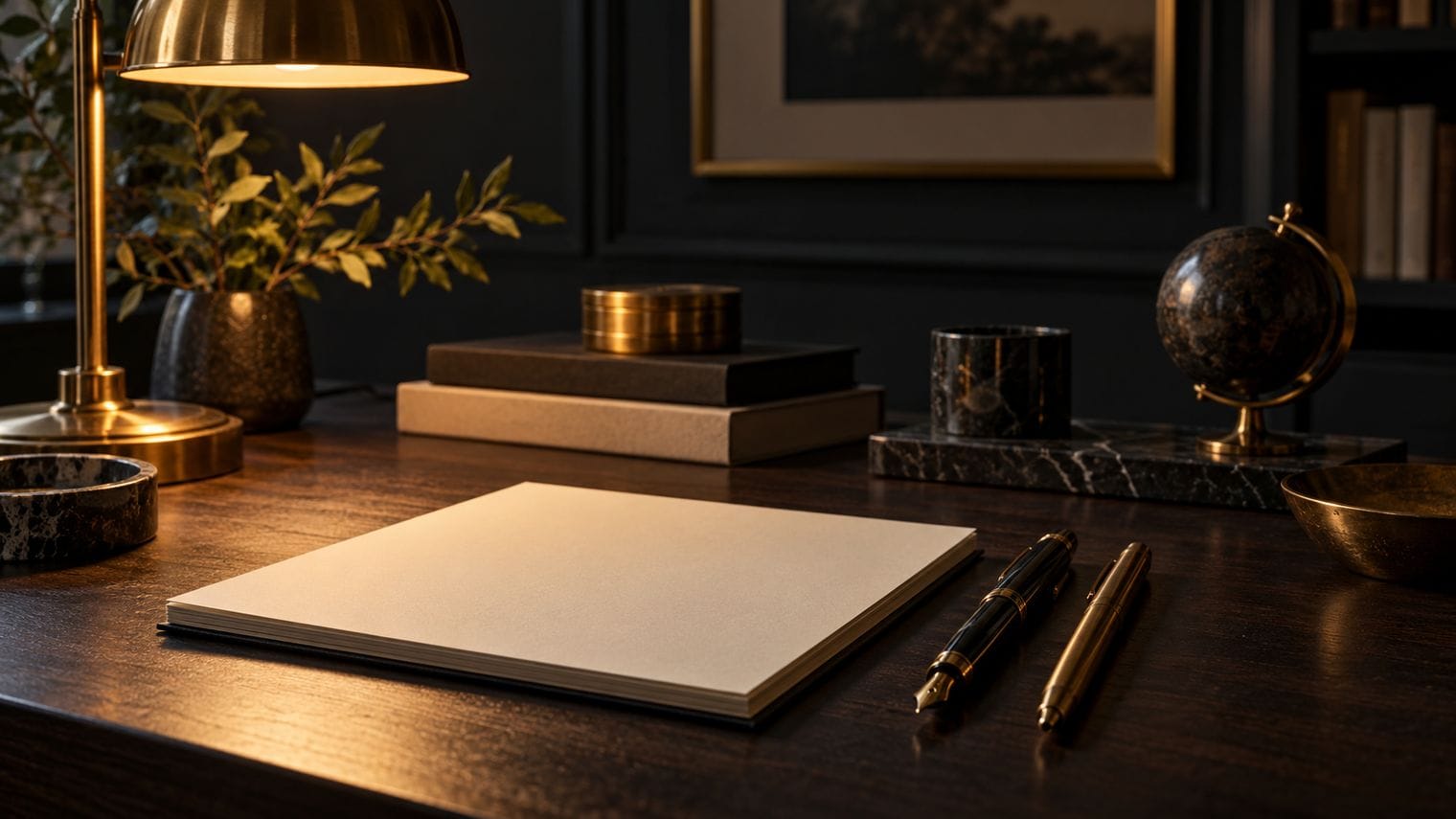 Two pens laid parallel on a dark wooden desk.