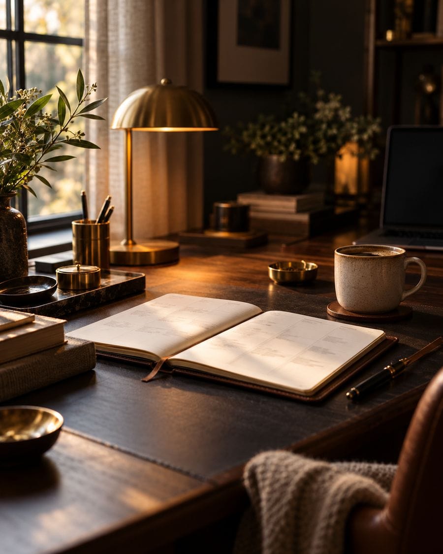 An open weekly planner and coffee beside a window in soft Saturday morning light.