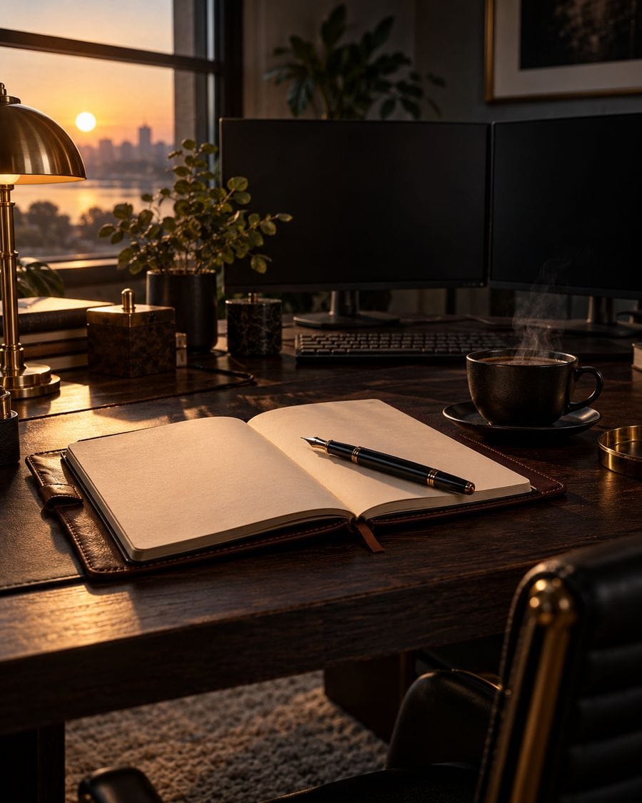 An open leather notebook and fountain pen beside steaming coffee on a dark desk at dawn.