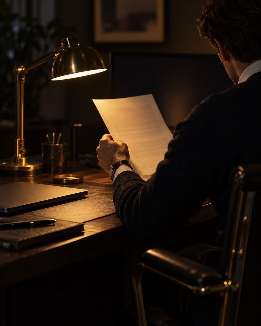 A trader seen from behind holding an unreadable printed statement toward a lamp beside a closed laptop