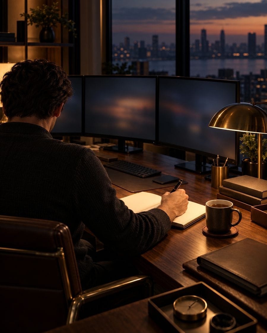 A trader seen from behind writing under a brass lamp with dark monitors ahead.