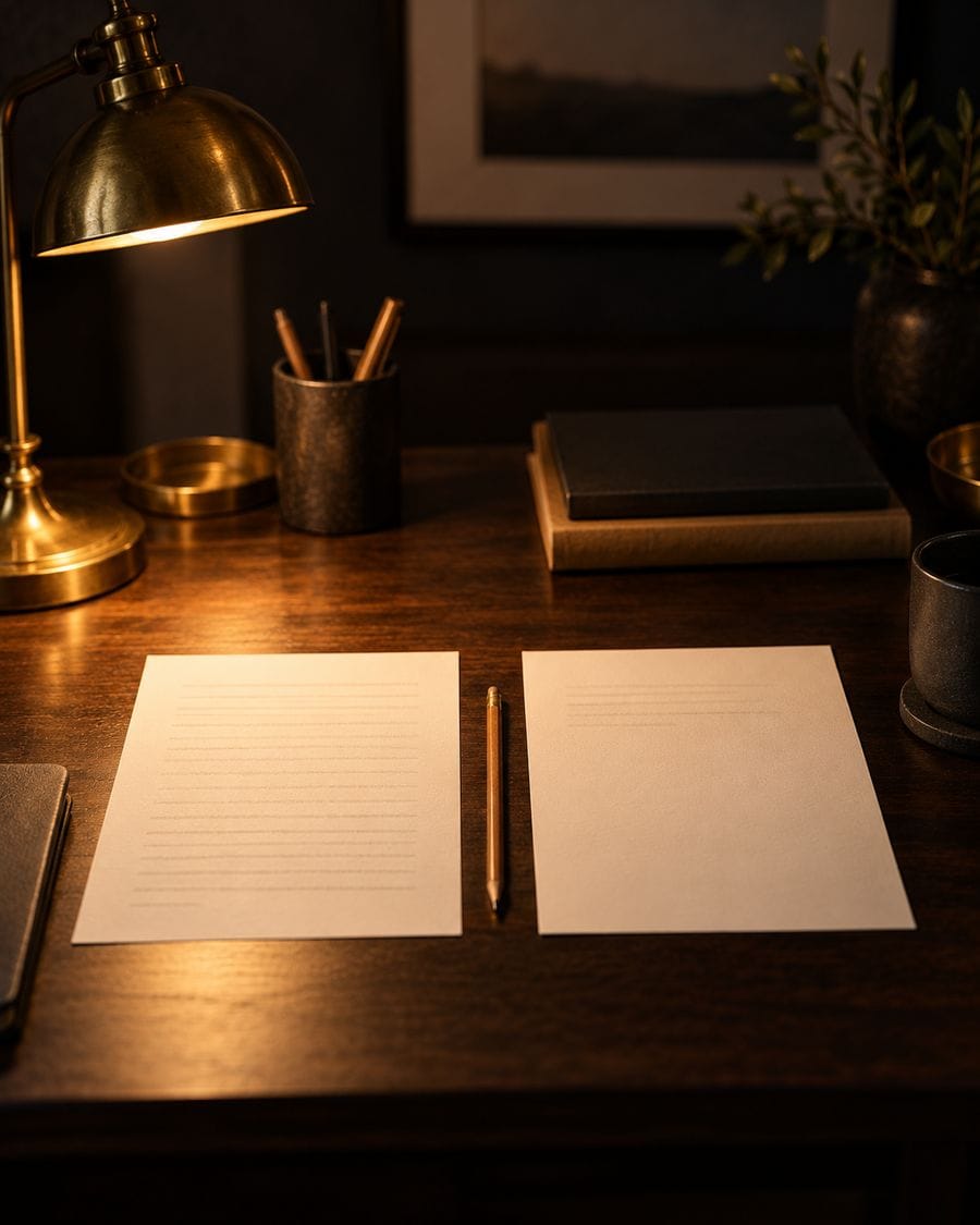 Two papers with different densities of blurred lines under a brass lamp.