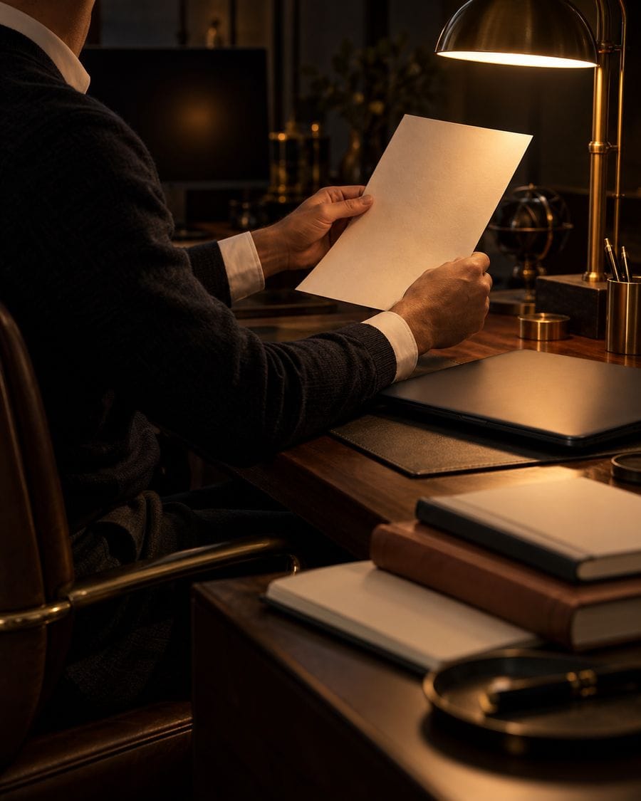 A trader seen from behind holding an unreadable printed statement toward a lamp beside a closed laptop