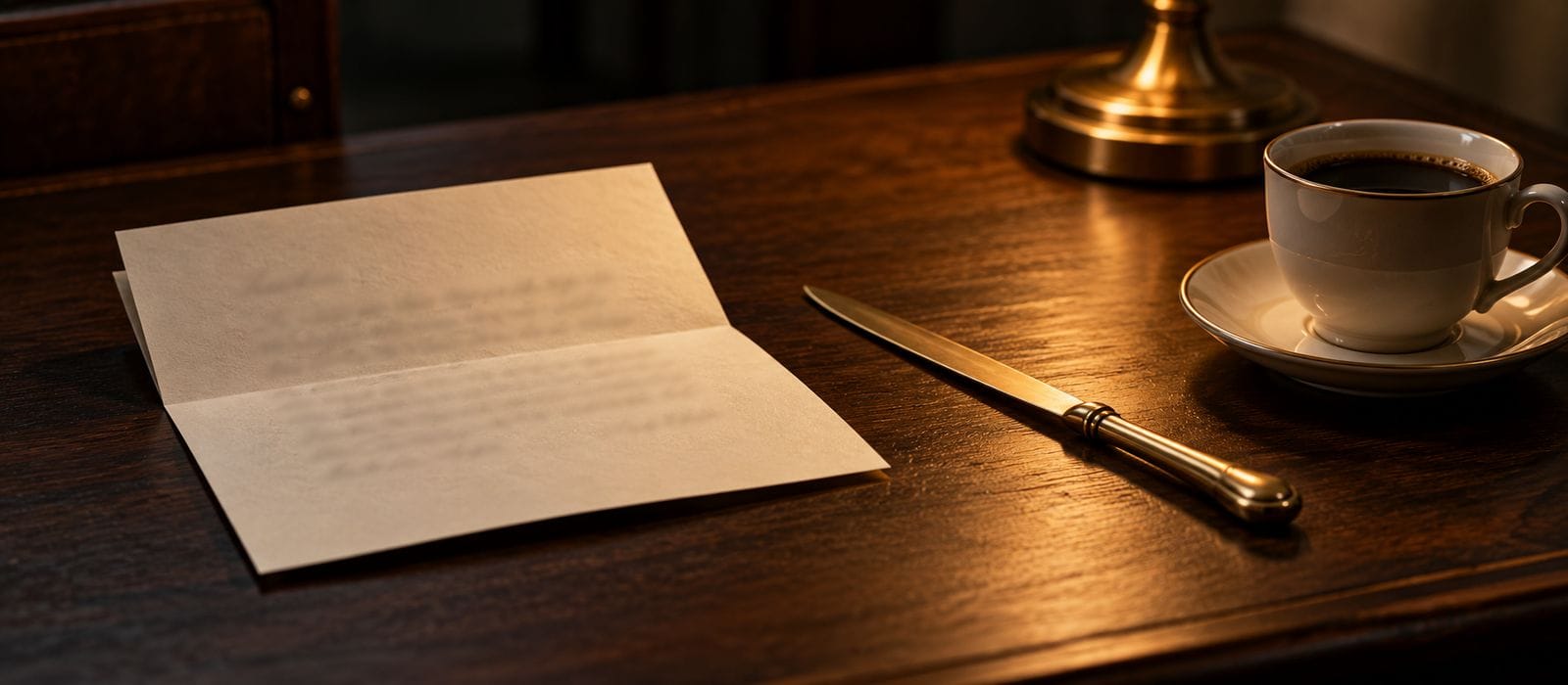 A folded statement, brass letter opener and black coffee on a walnut desk.