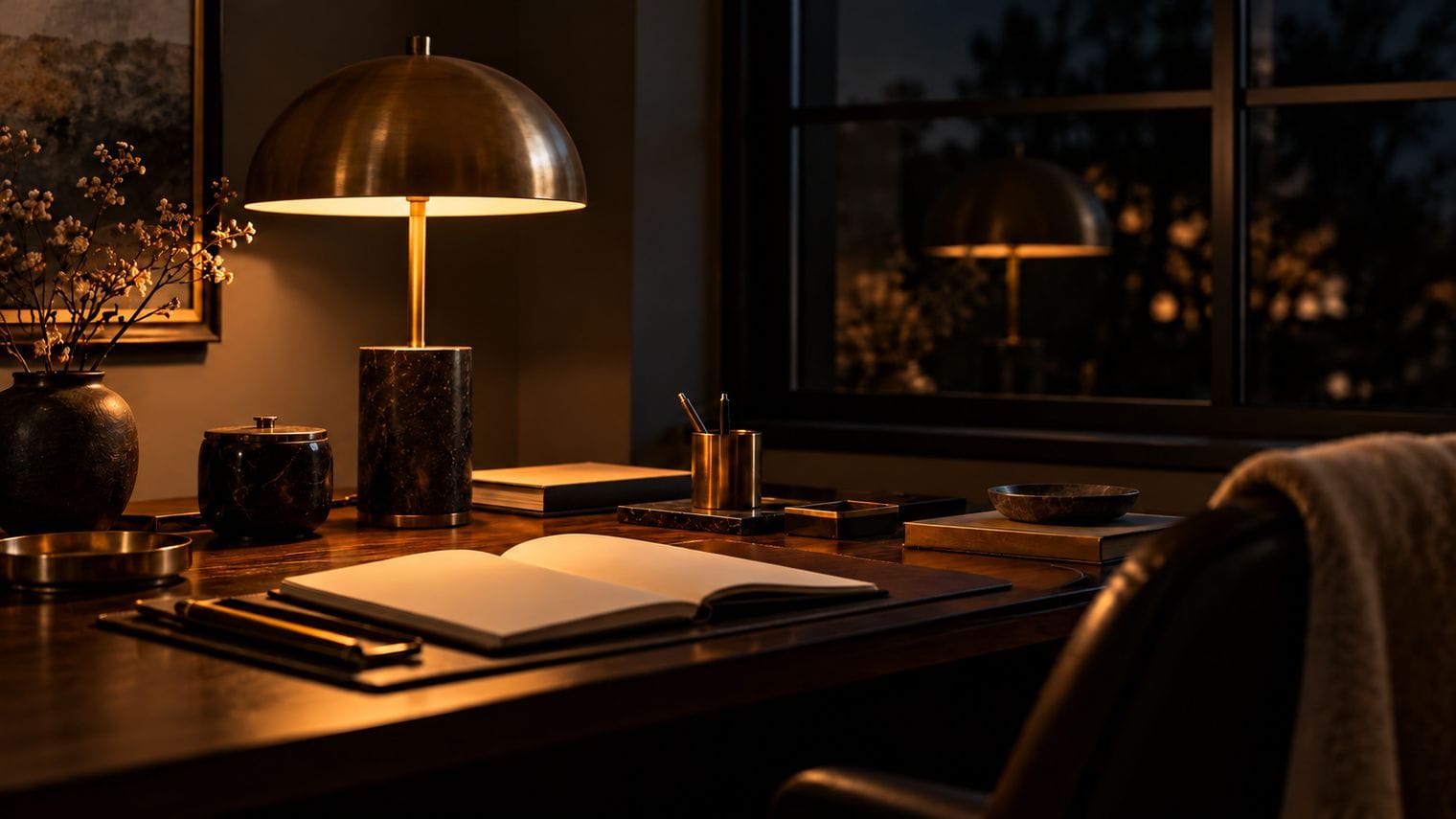 A dark window reflecting the warm glow of a desk lamp.