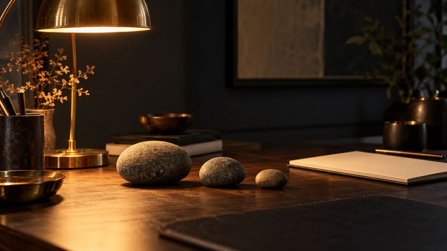 Three stones of different sizes arranged on a dark wooden desk.