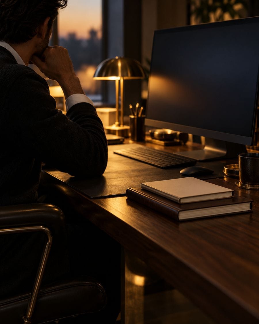A trader with their face out of frame beside stacked notebooks and a softly glowing monitor.