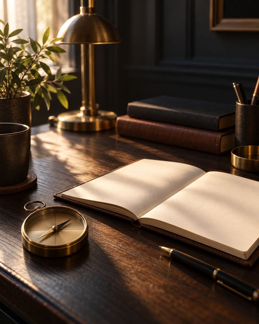 A brass compass and notebook on a dark desk crossed by morning light.