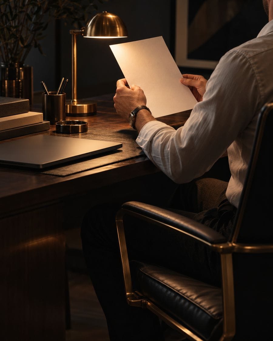 A trader seen from behind holding an unreadable printed statement toward a lamp beside a closed laptop