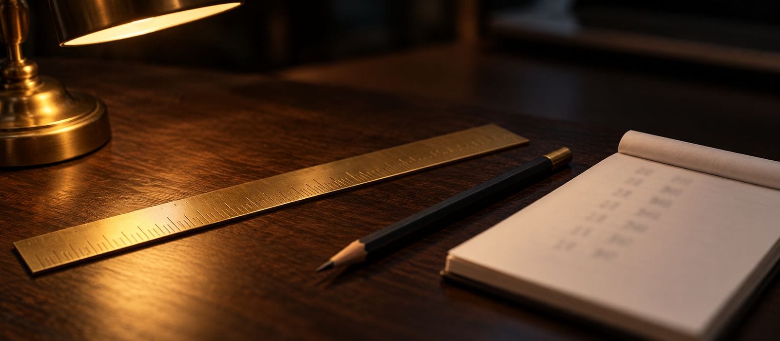 A brass ruler and pencil beside a small notepad on a dark wooden desk.