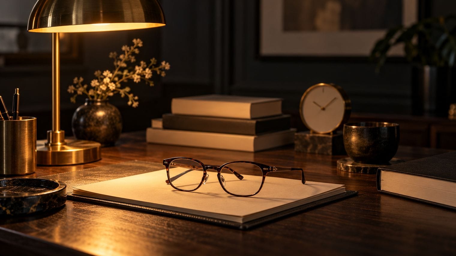 Reading glasses resting on a paper statement in warm lamplight.