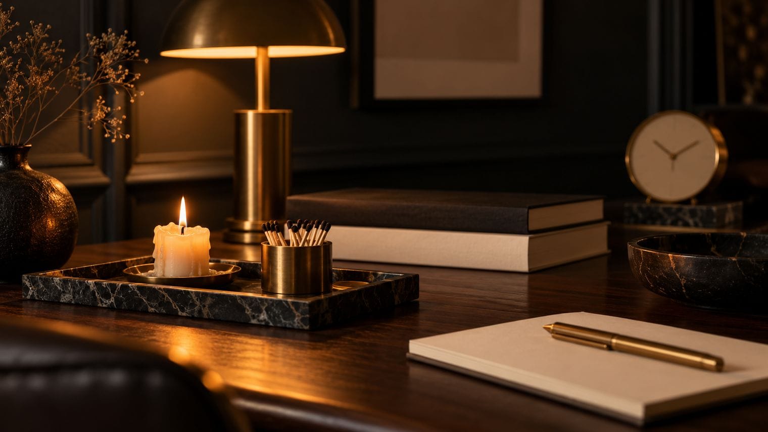 A candle stub and matches on a small tray beside a dark desk.