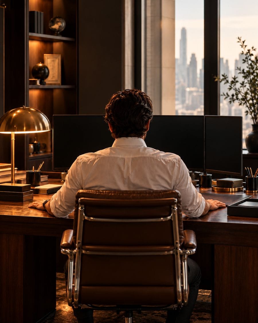 A trader seen from behind with both hands resting on a dark desk beside a lamp.