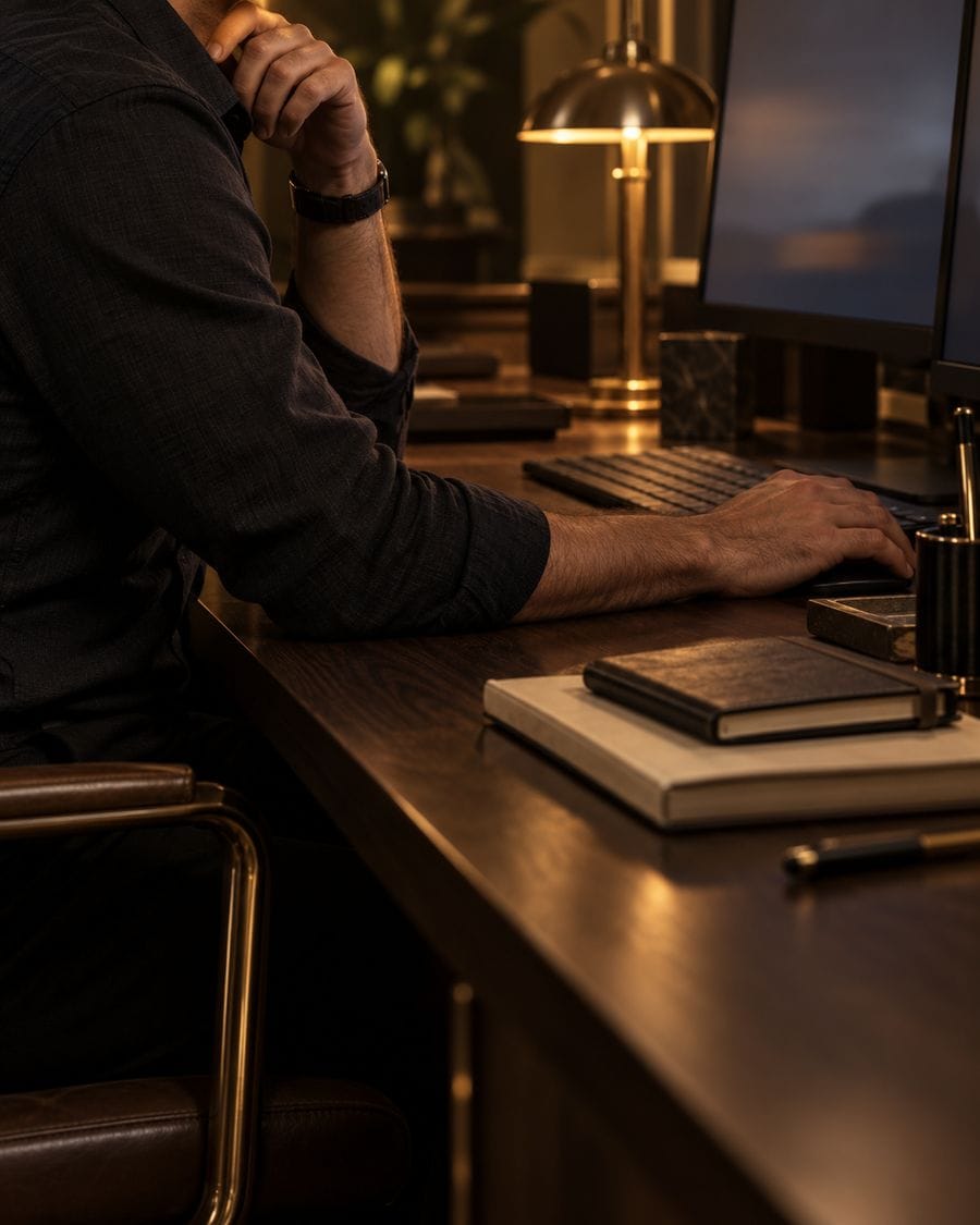 A trader with their face out of frame beside stacked notebooks and a softly glowing monitor.