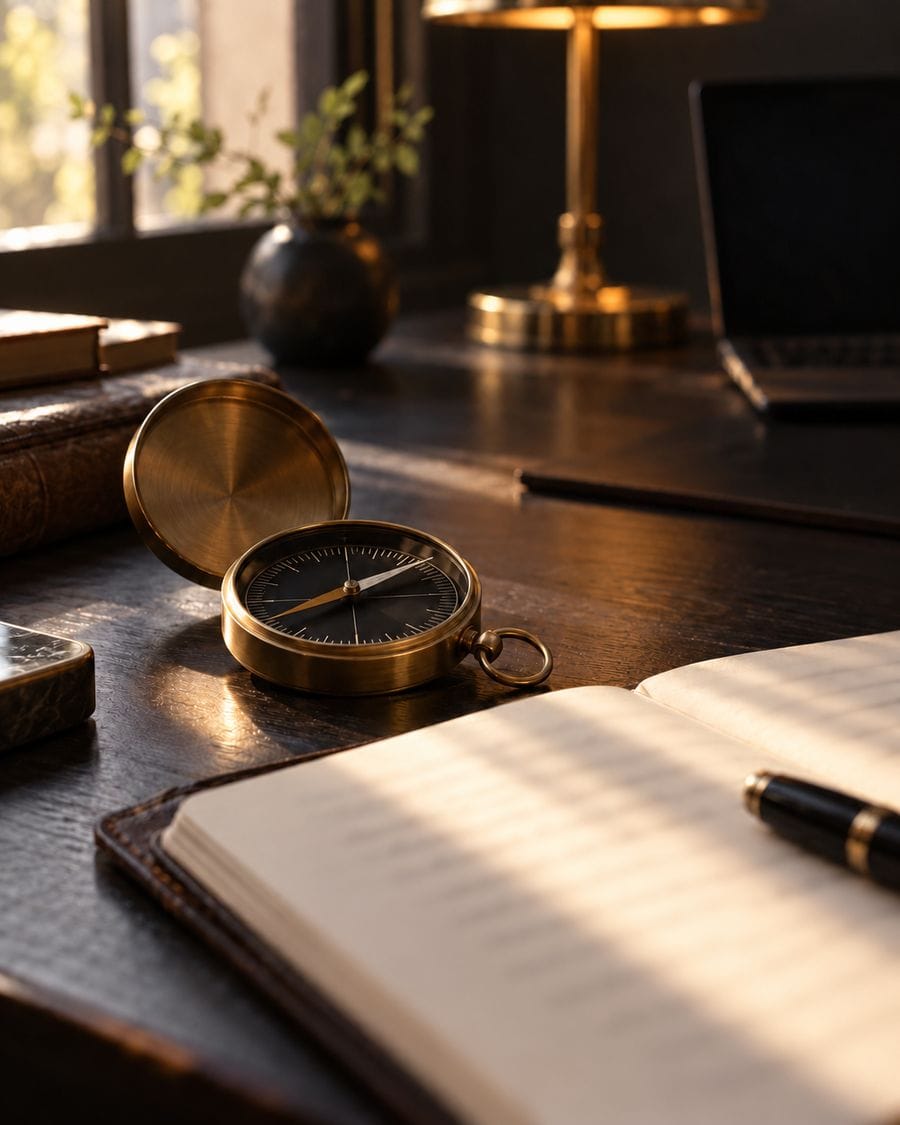 A brass compass and notebook on a dark desk crossed by morning light.