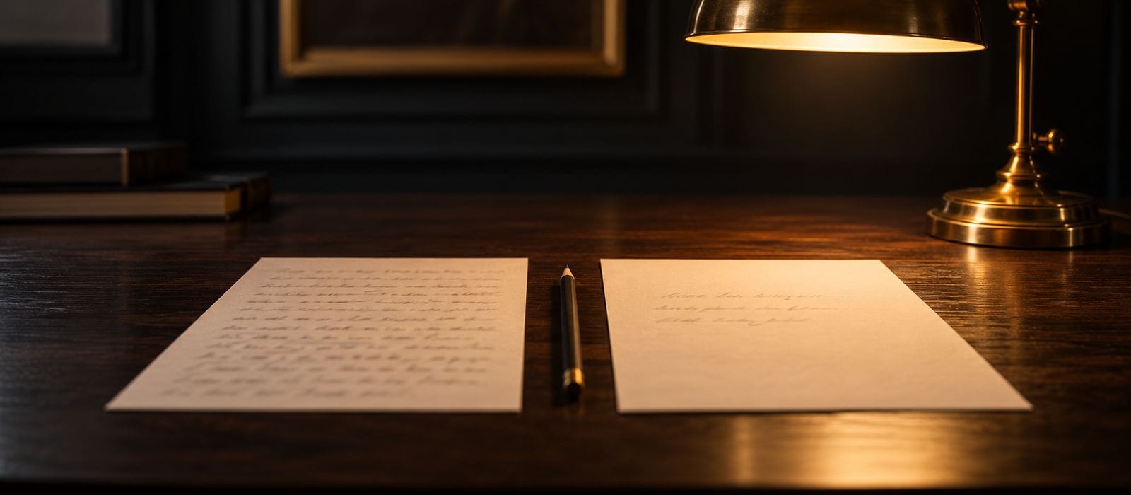 Two papers with different densities of blurred lines under a brass lamp.