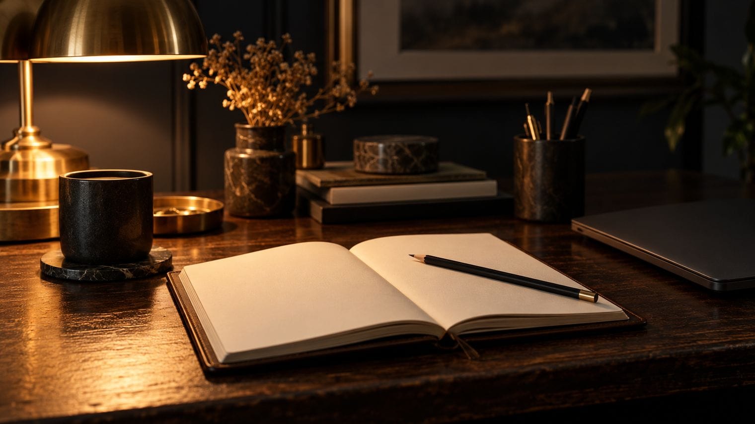 A pencil lying across an open blank planner in warm amber light.