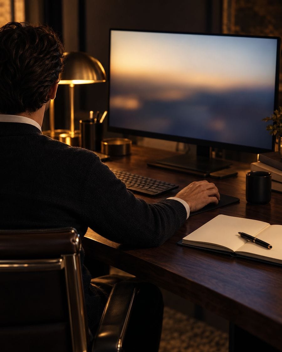 A trader seen from behind at a dark desk, one hand on a mouse beside a notebook.